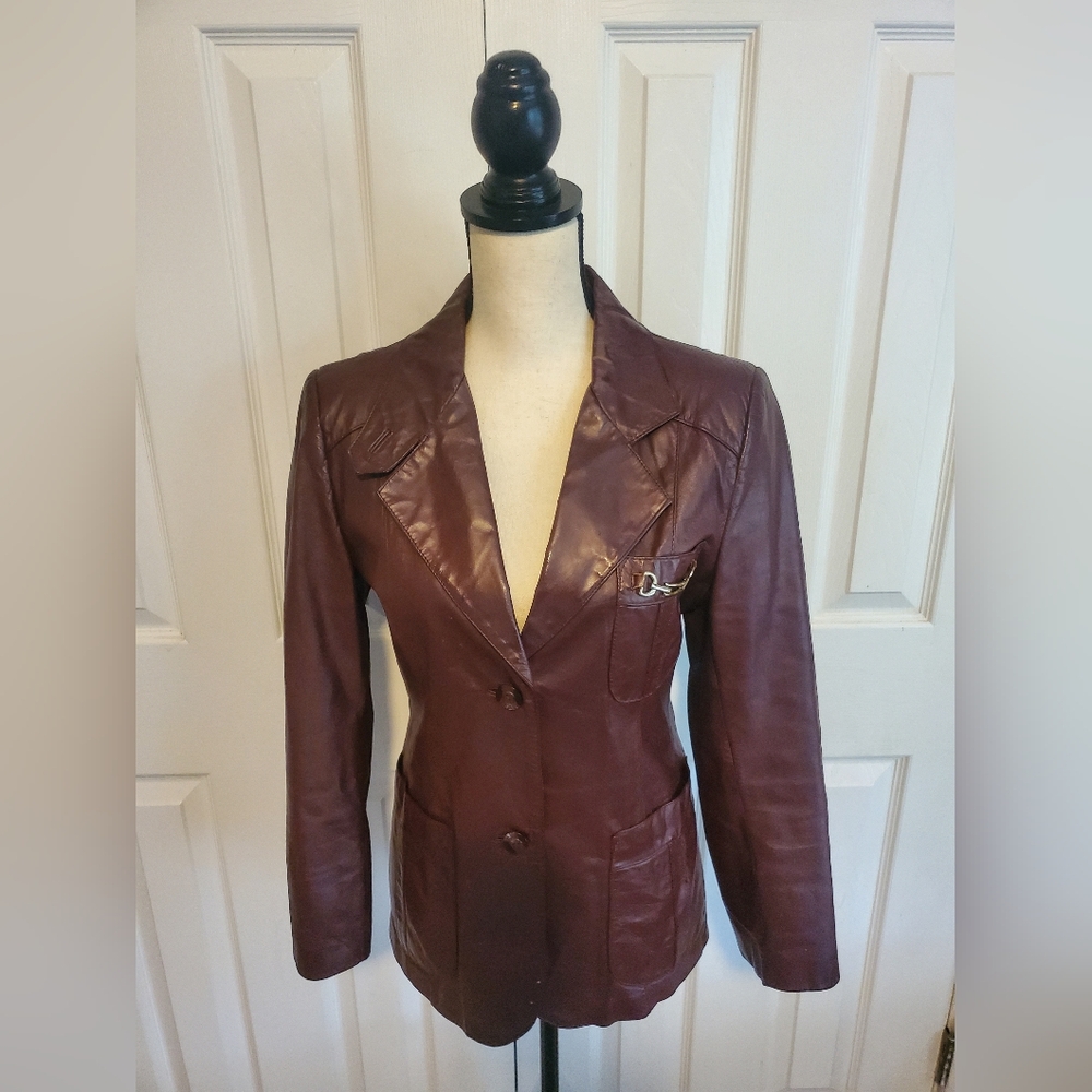 Women's Burgundy Leather Blazer Jacket